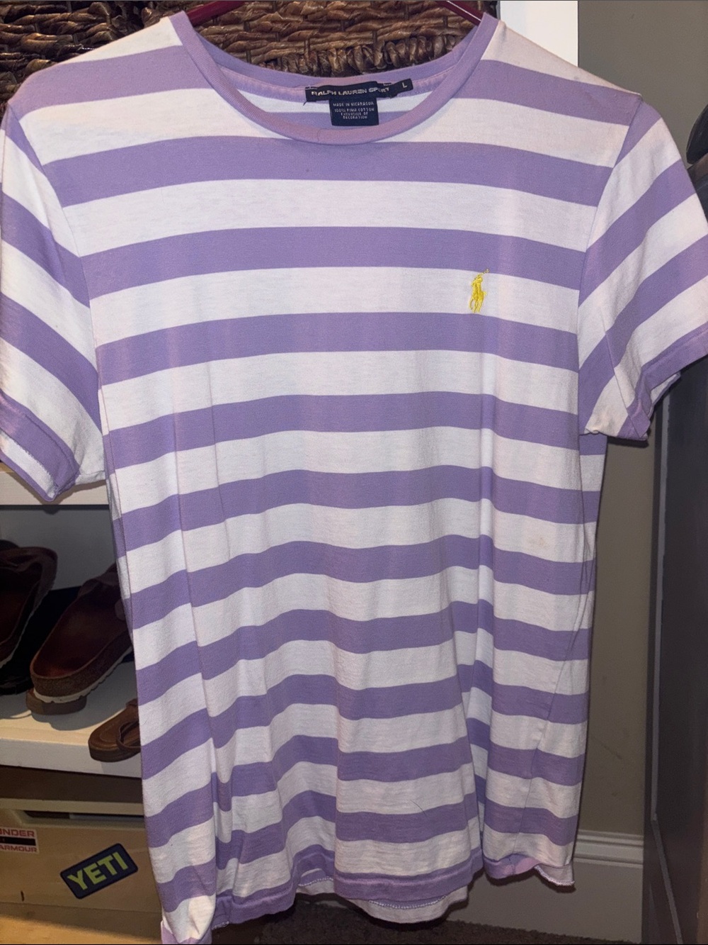 Ralph Lauren Lavender and White Striped Short Sleeve Tee with Yellow Pony
